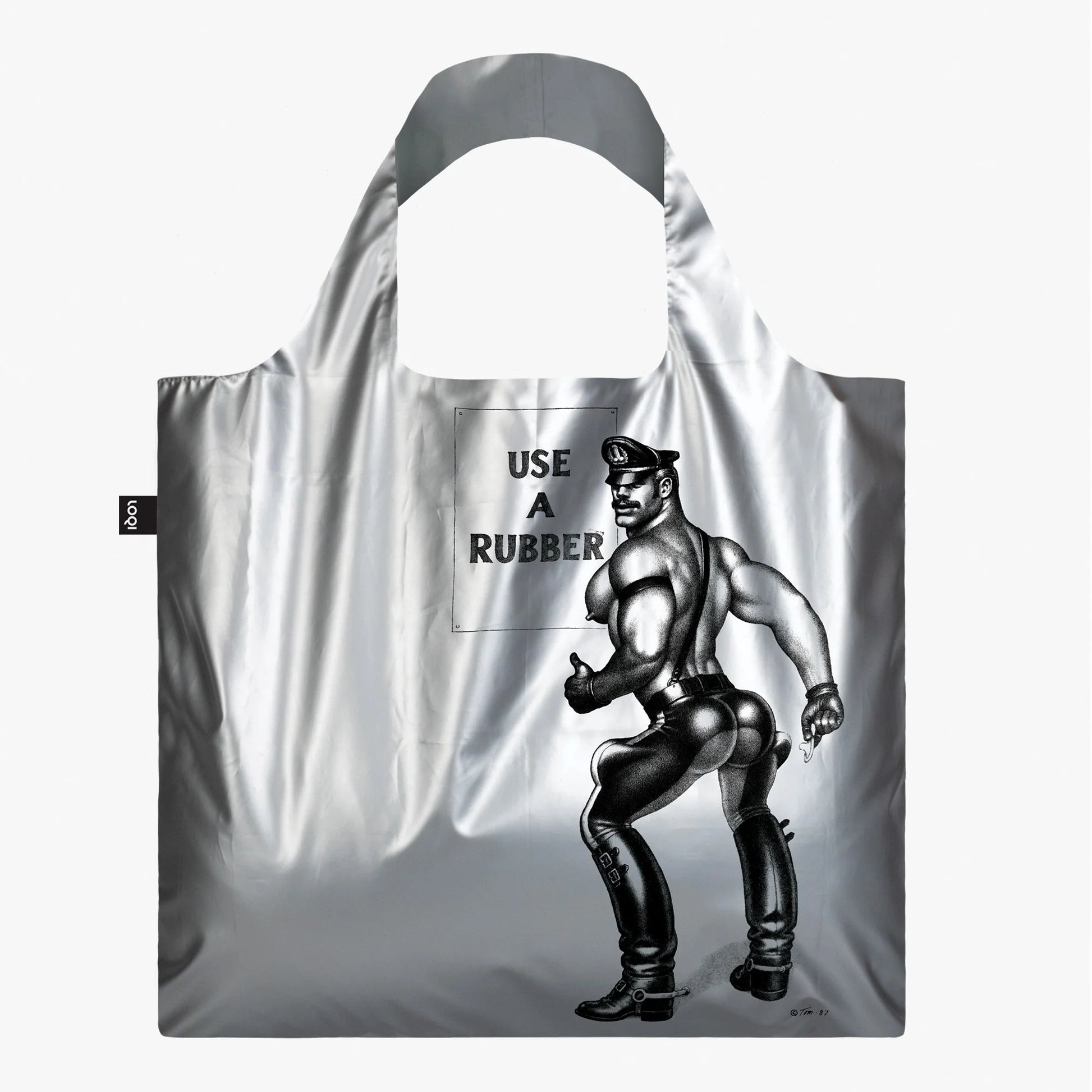Srebrna torba podręczna TOM OF FINLAND z nadrukiem mężczyzny w skórzanym stroju od Yamann