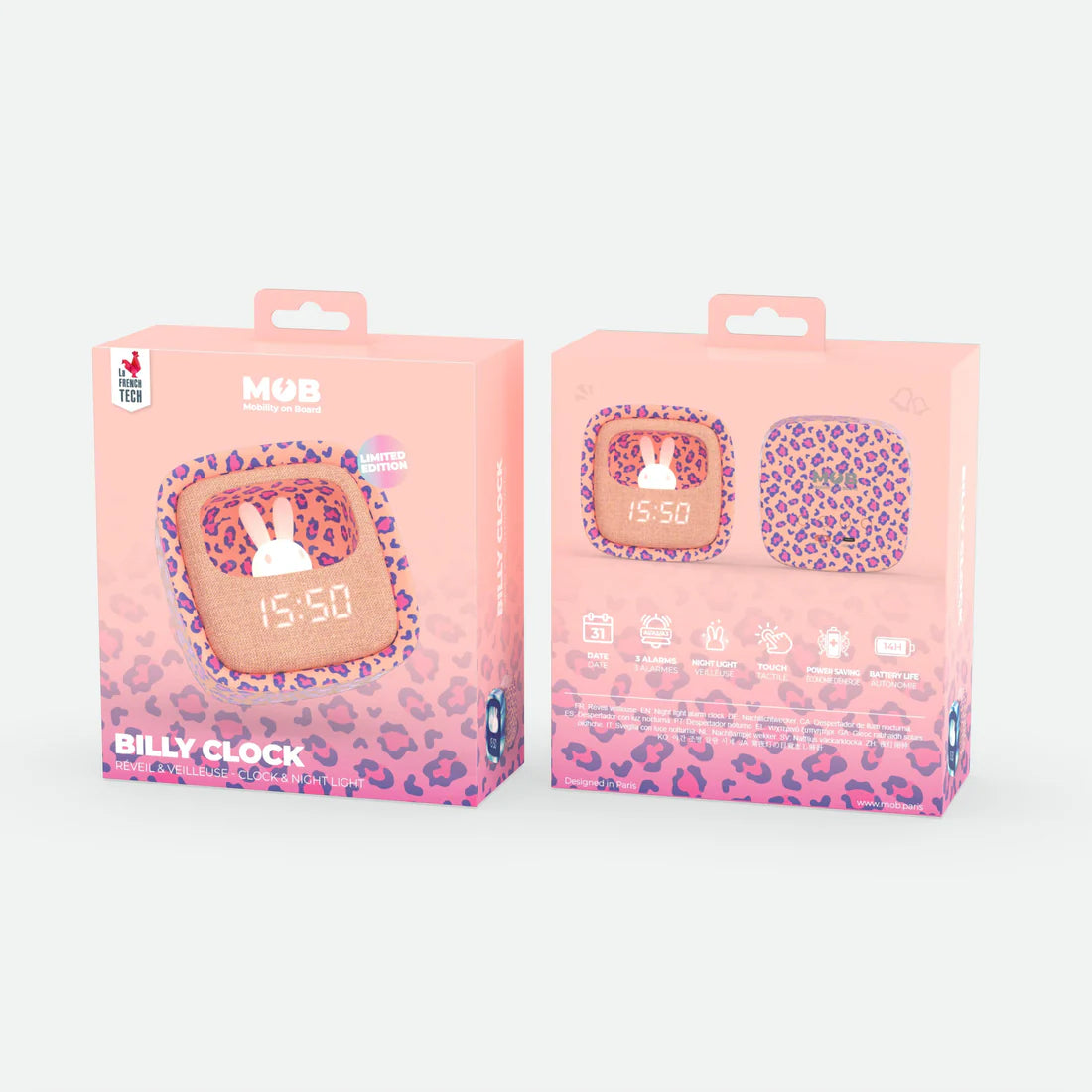 Budzik z lampką nocną WABOBA AB w różowym kolorze z motywem leopard print i wyświetlaczem LED