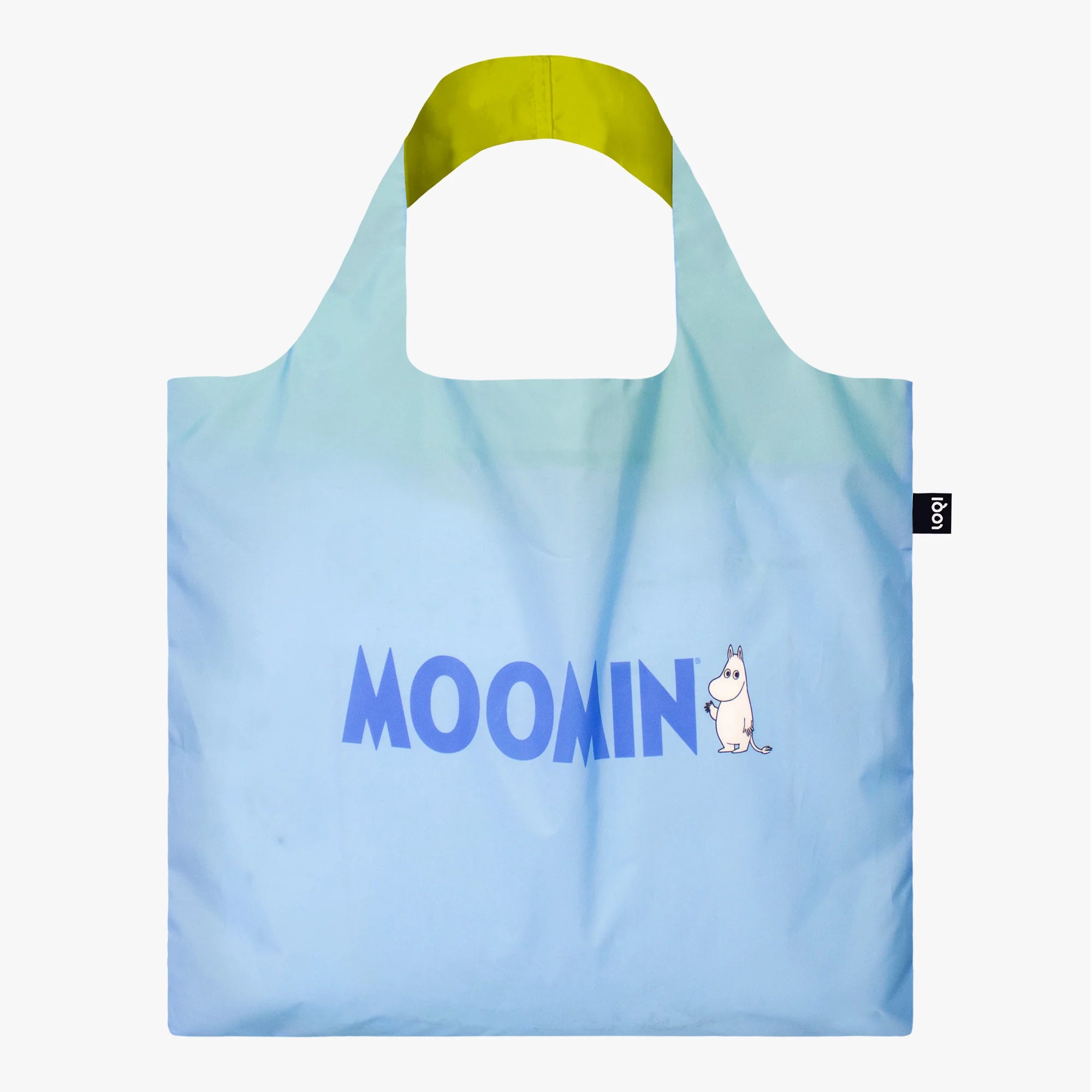 Torba LOQI Moomin w kolorze niebieskim z zielonym uchwytem i nadrukiem postaci Moomin