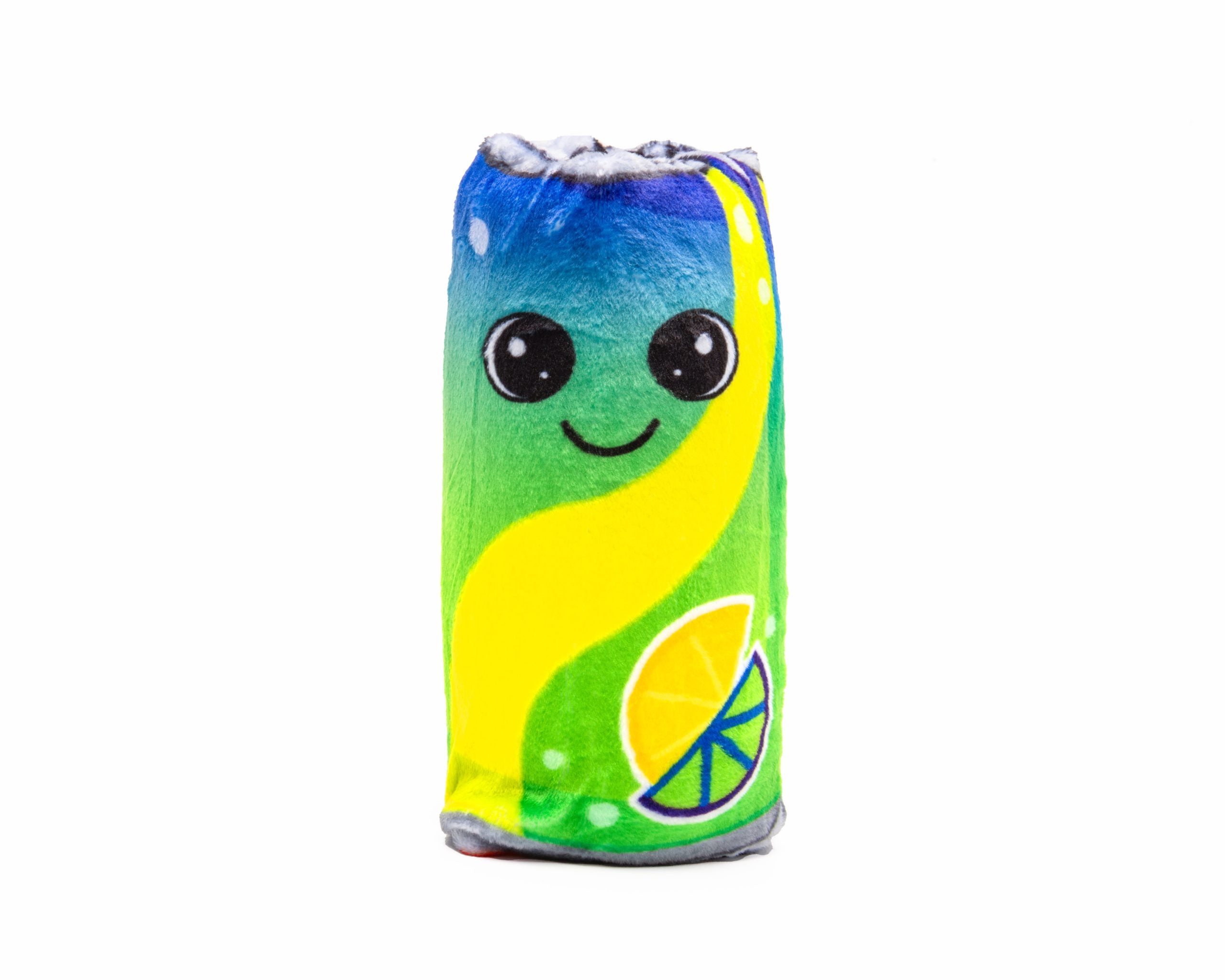 Kolorowa pluszowa zabawka cola w kształcie puszki z uśmiechniętą buźką i wzorem cytryny