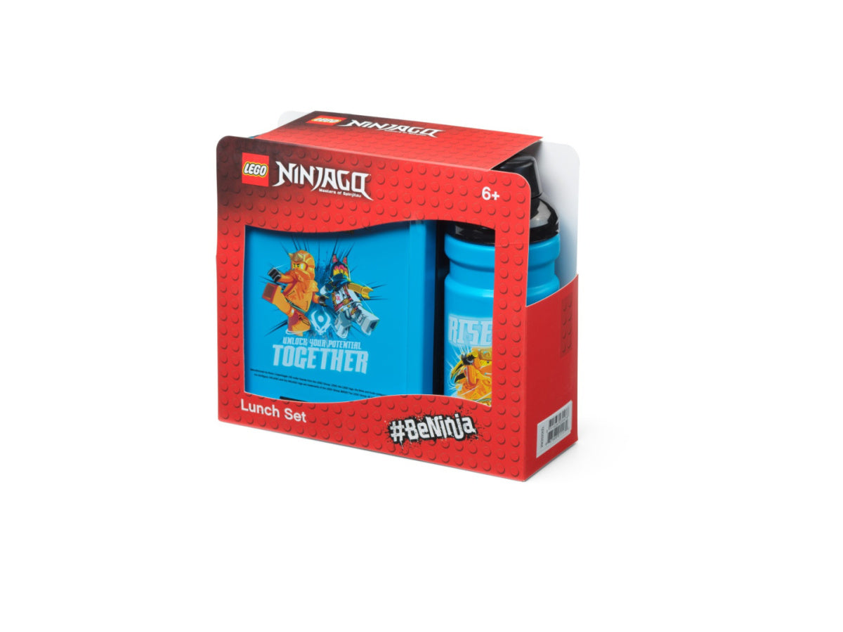 Lunchbox LEGO Ninjago z motywem bohaterów, zawierający pudełko na jedzenie i bidon w czerwonym opakowaniu