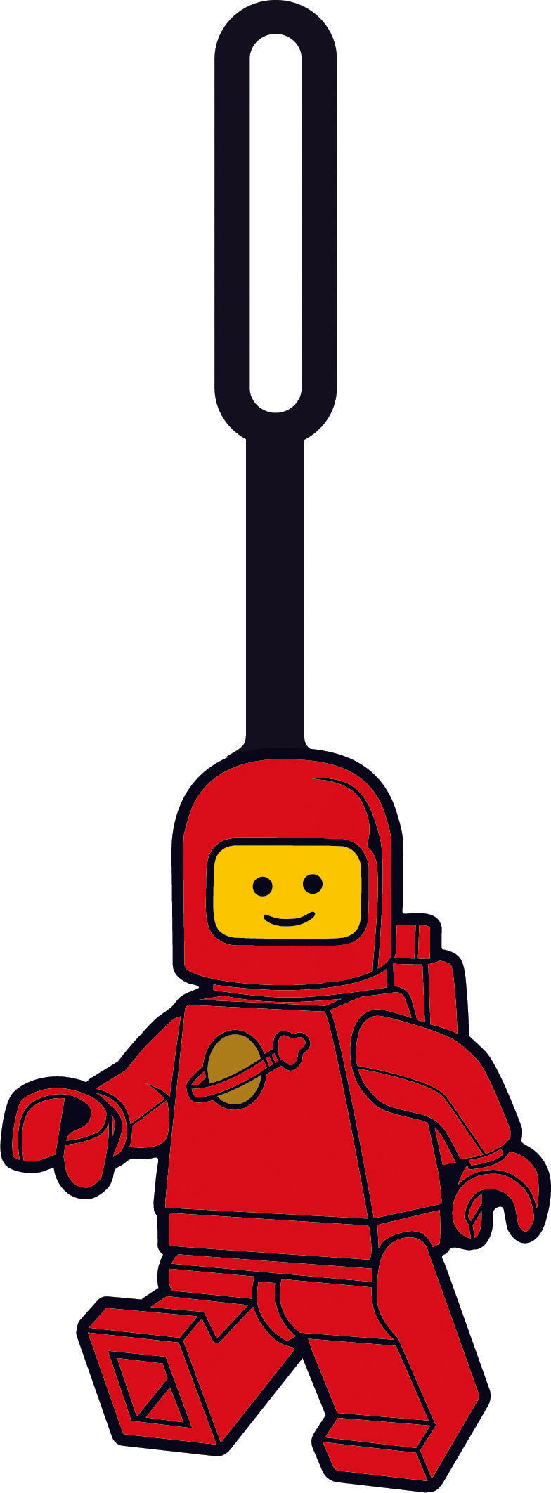 Zawieszka LEGO Czerwony astronauta figurka z klocków z hełmem i symbolem planety
