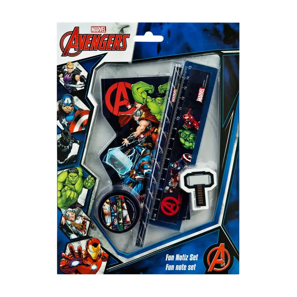 The Avengers writing set with a ruler, eraser, pencil, and sharpener featuring Marvel characters.
