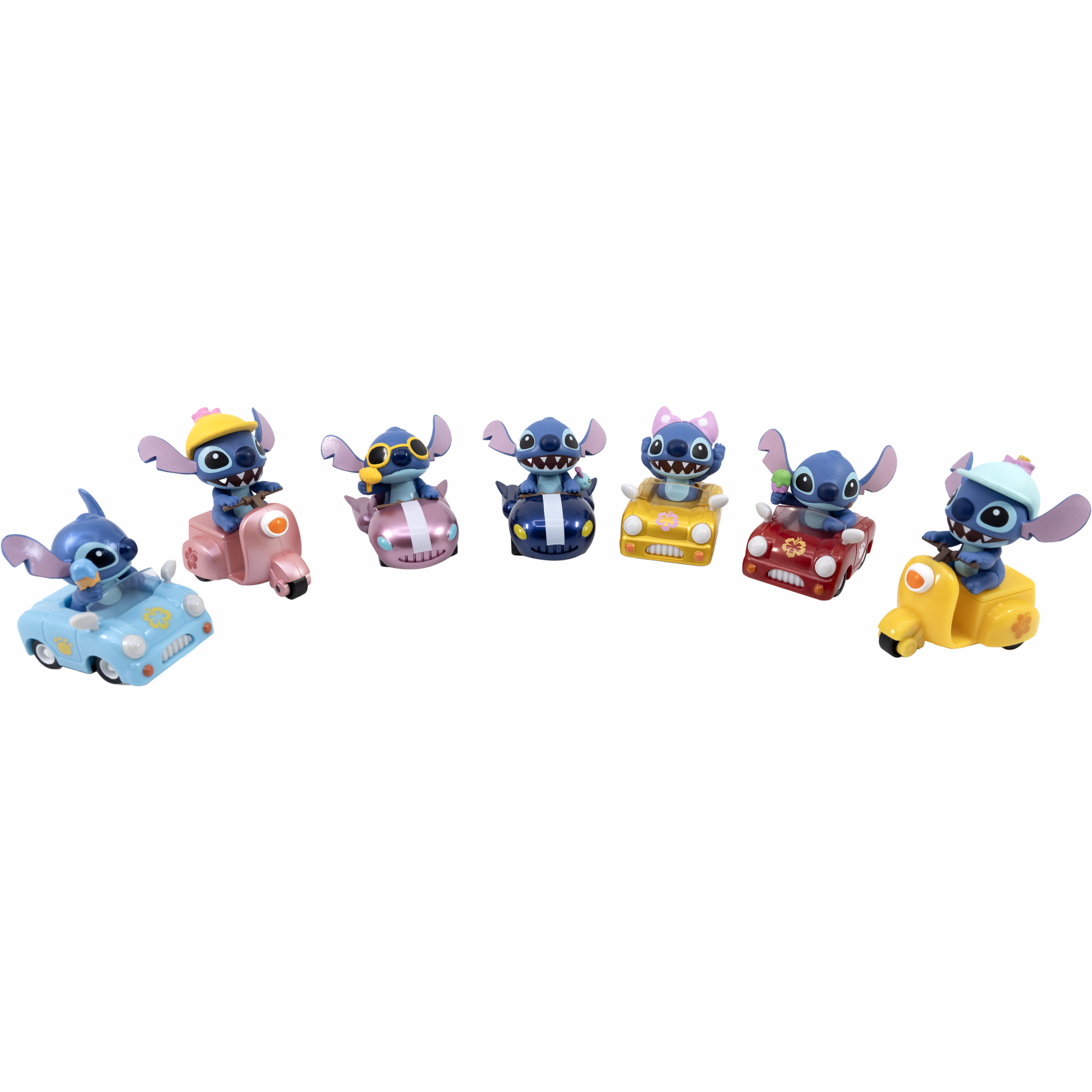 Set von sieben Figuren Stitch Spielzeugfahrzeug mit Antrieb in verschiedenen bunten Fahrzeugen