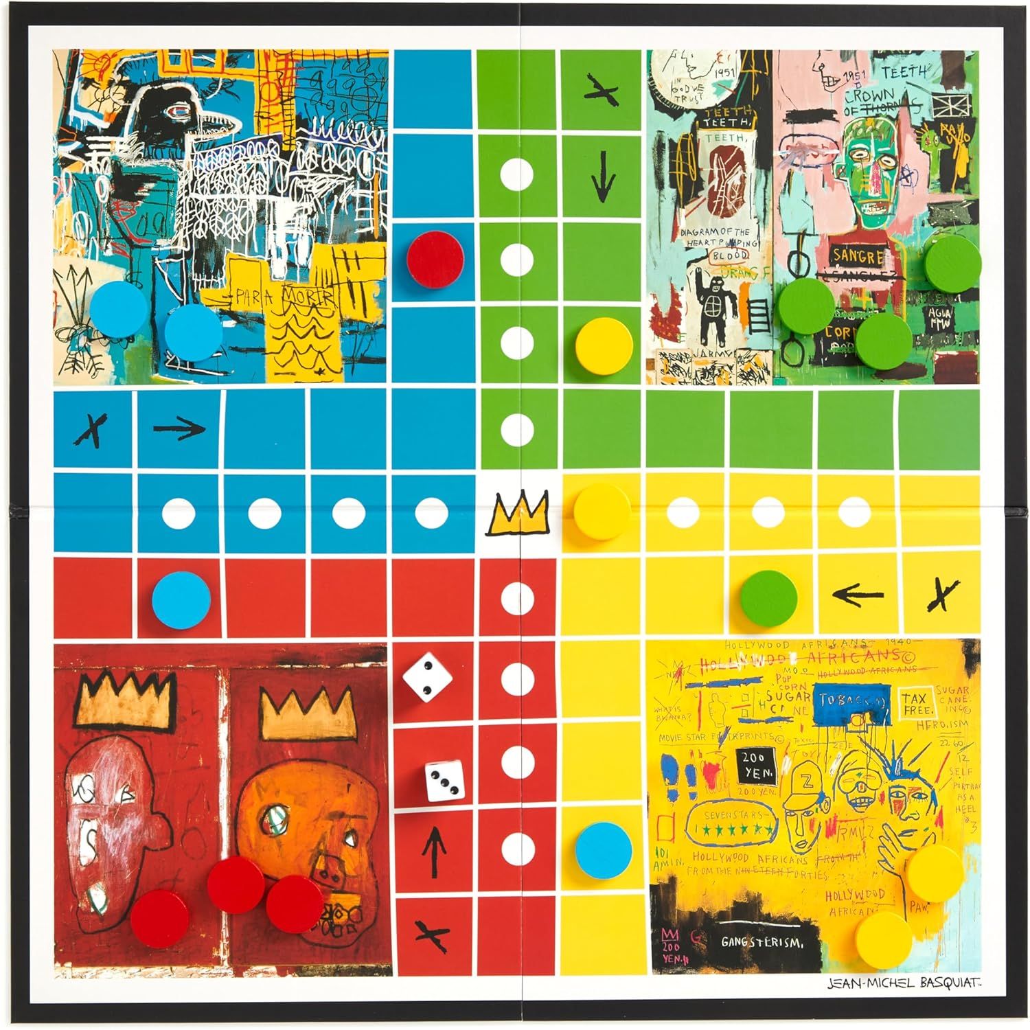 Ludo gra planszowa Basquiat z kolorową planszą i pionkami inspirowana dziełami Jean-Michela Basquiata