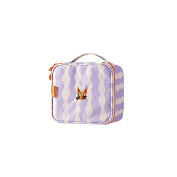 Waterproof cosmetic bag for kids MOB with a cat motif in purple and white waves and a handle
