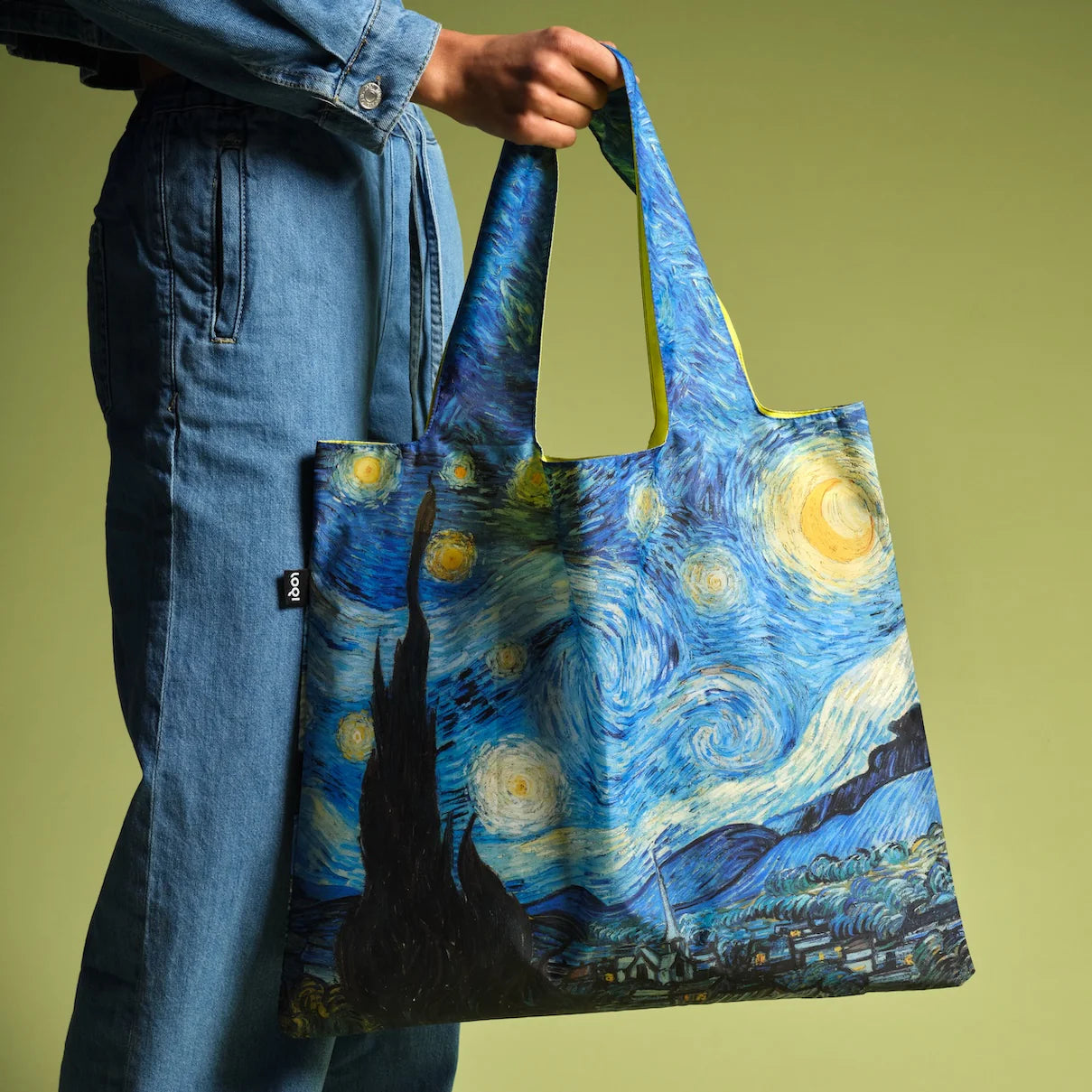 Torba podręczna Vincent van Gogh z nadrukiem Gwiaździstej nocy w kolorach niebieskim i żółtym