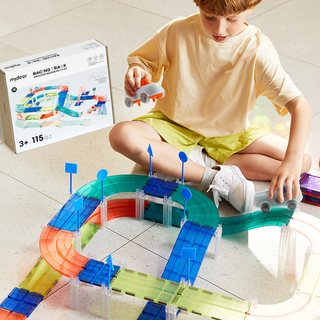 Klocki magnetyczne z autkami mideer – Tor wyścigowy (115 el.)