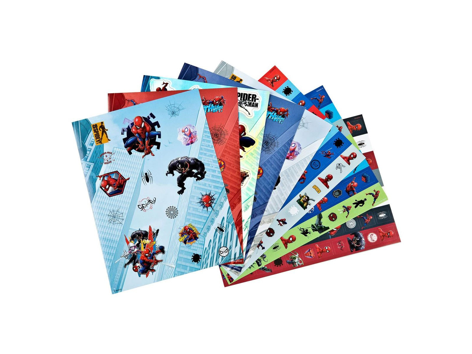 Metallic Spider-Man stickers with superhero motifs on colorful LOQI sheets