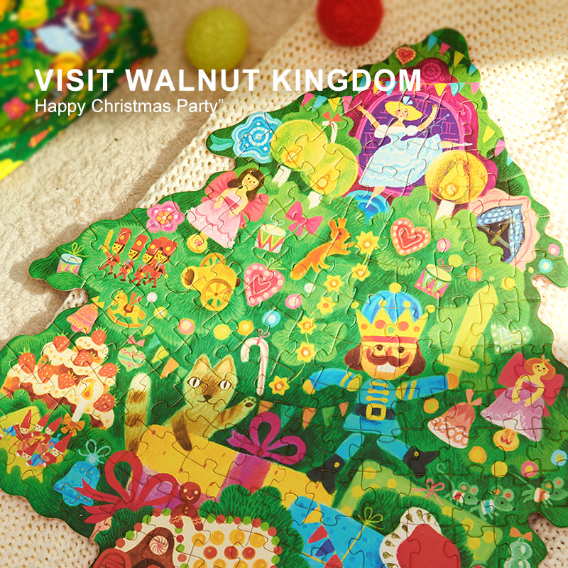 Świąteczne puzzle dla dzieci firmy mideer w kształcie choinki z kolorowymi postaciami i prezentami