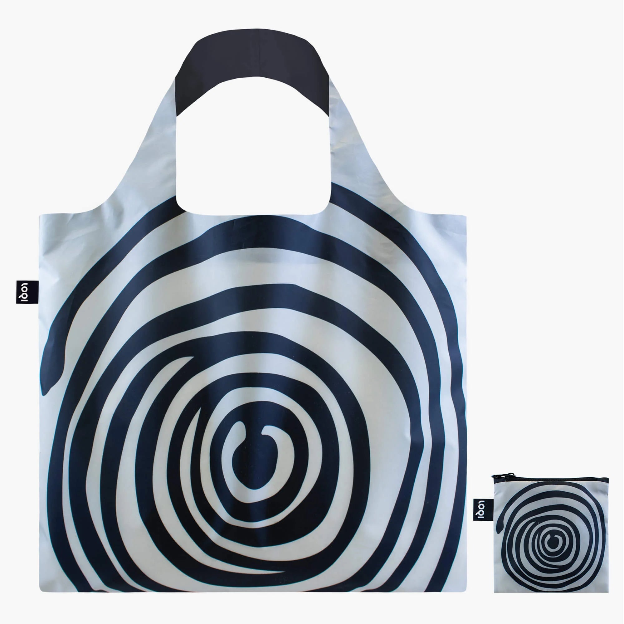 Torba LOQI Louise Bourgeois z czarnymi koncentrycznymi kołami na białym tle od marki Yamann