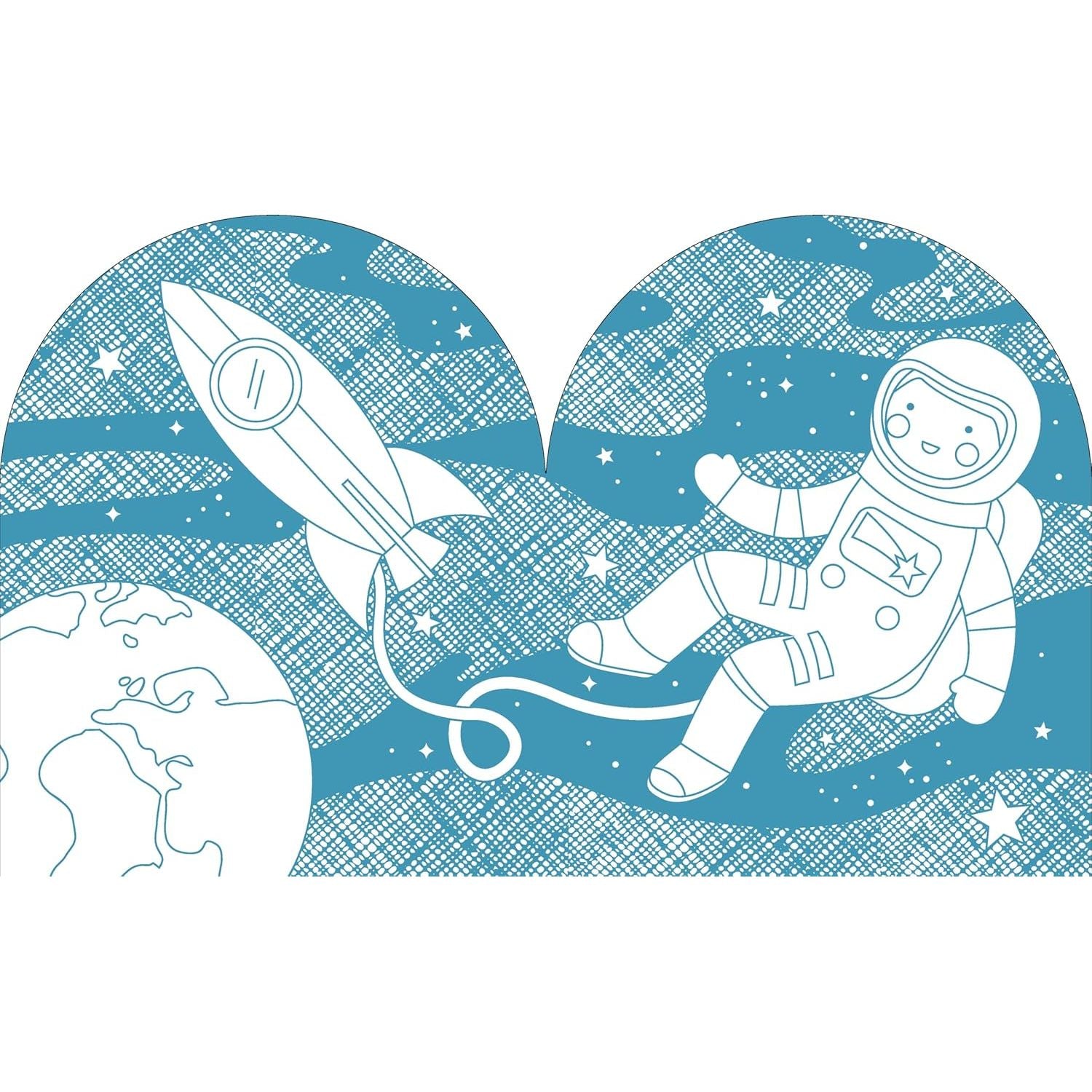Kolorowanka kosmos dla dzieci przedstawiająca astronautę i rakietę na tle gwiazd i planety Ziemi