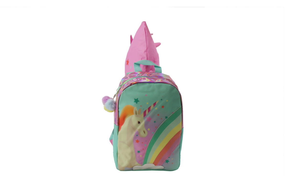 Bunter Einhorn-Rucksack für Kinder mit pinkem Horn und Regenbogen auf der Fronttasche