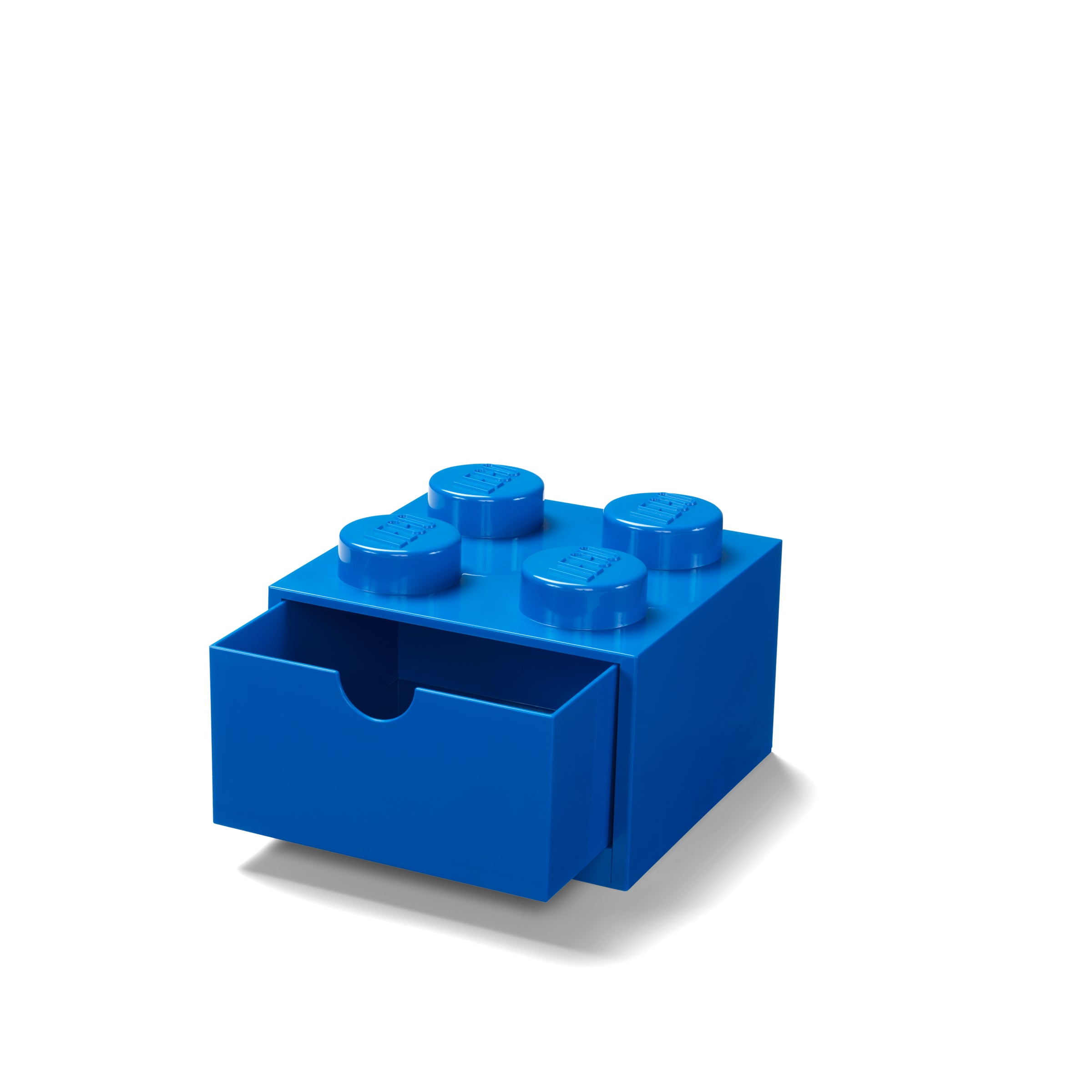 Niebieska szufladka LEGO na biurko w kształcie klocka z otwartą szufladą do przechowywania akcesoriów