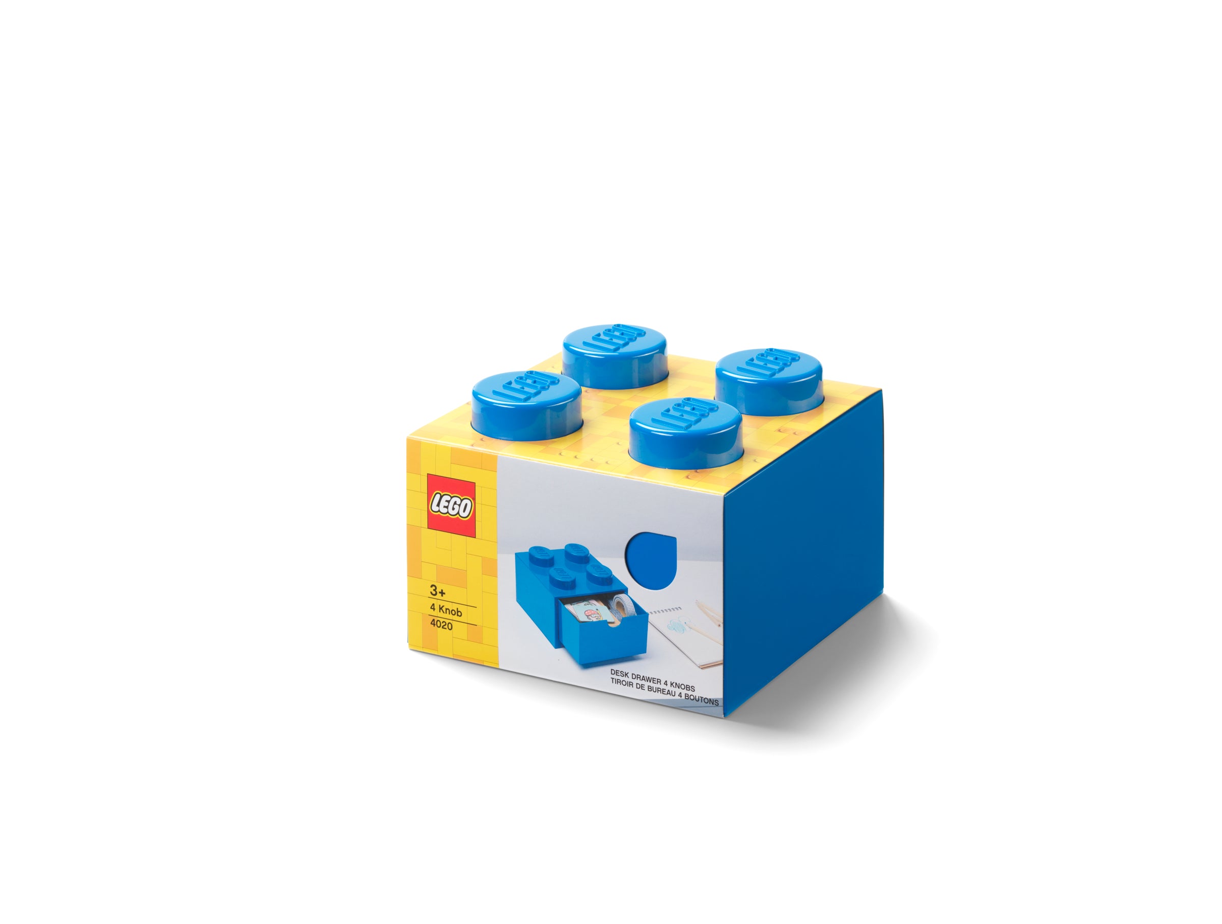 Szufladka LEGO na biurko w kształcie niebieskiego klocka z czterema wypustkami do przechowywania małych przedmiotów