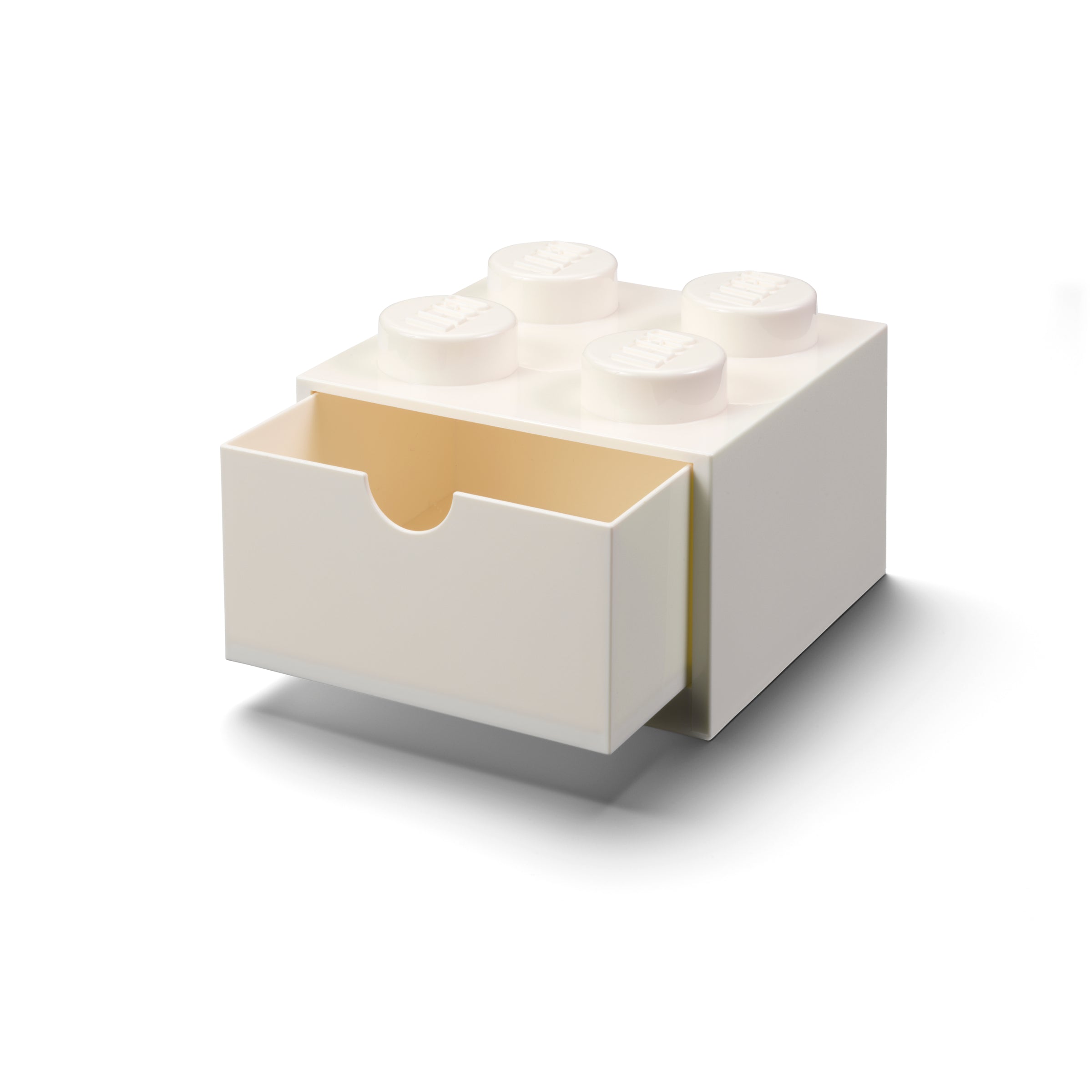 Biała szuflada LEGO na biurko w kształcie klocka z otwartym frontem do przechowywania