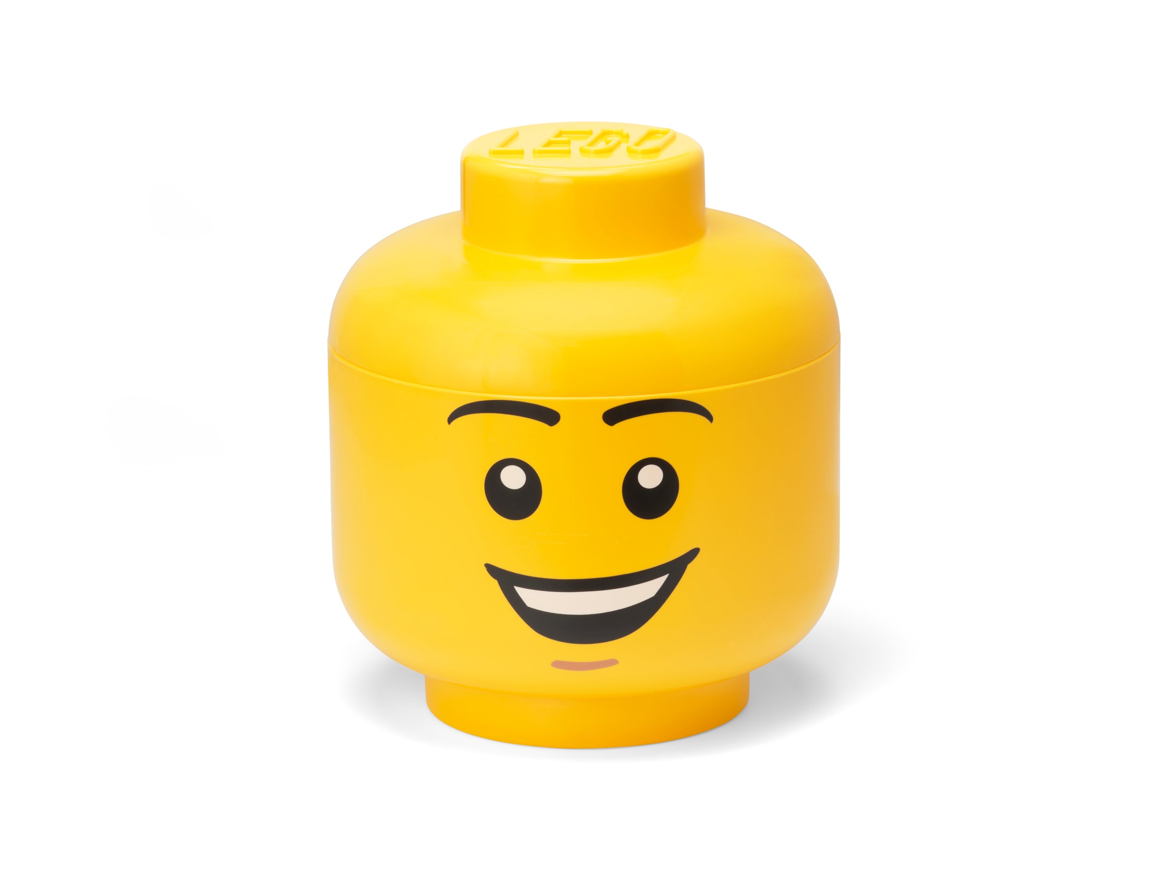 Żółty pojemnik LEGO głowa chłopiec z uśmiechniętą twarzą i napisem LEGO na pokrywce