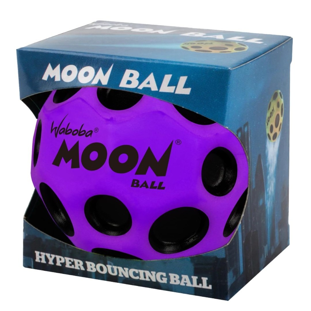 Fioletowa piłeczka Waboba Moon Ball z czarnymi dziurami w oryginalnym opakowaniu