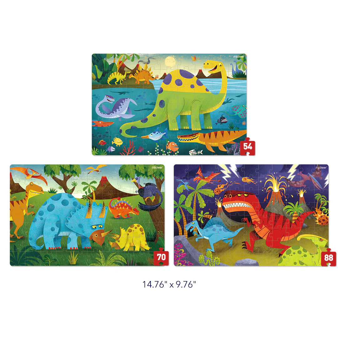 Zaawansowane puzzle dinozaury dla dzieci z kolorowymi ilustracjami trzech różnych scen z dinozaurami