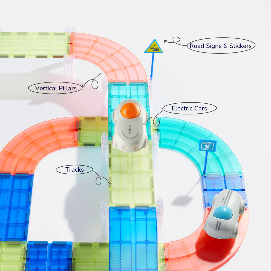 Klocki magnetyczne z autkami mideer – Tor wyścigowy (115 el.)