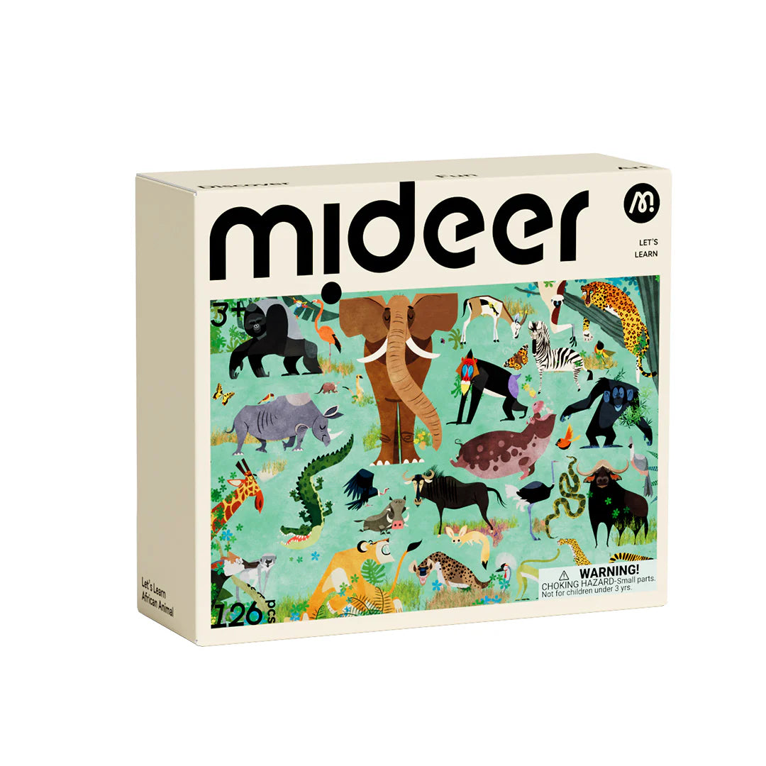 Puzzle zwierzęta Afryki dla dzieci marki mideer z 26 kolorowymi zwierzętami na zielonym tle
