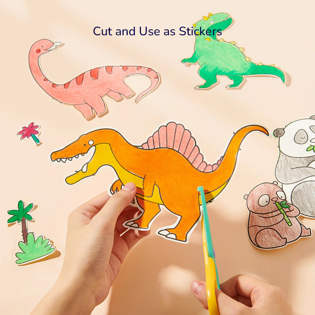 Kolorowanka w rolce dinozaury do wycinania jako naklejki z ilustracjami zwierząt i roślin