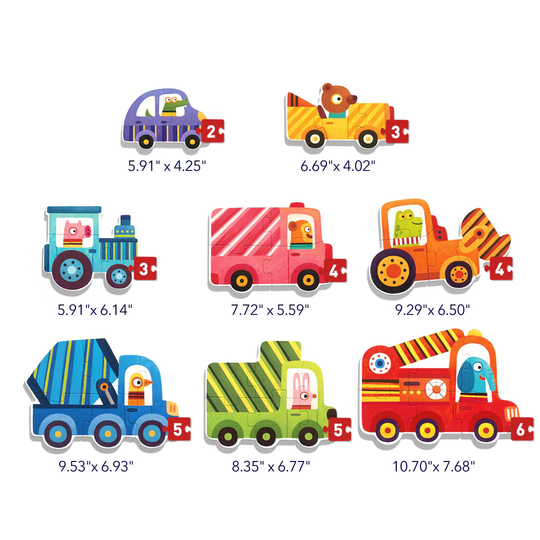 Kolorowe puzzle dla dzieci pojazdy z ilustracjami zwierząt w samochodach i ciężarówkach
