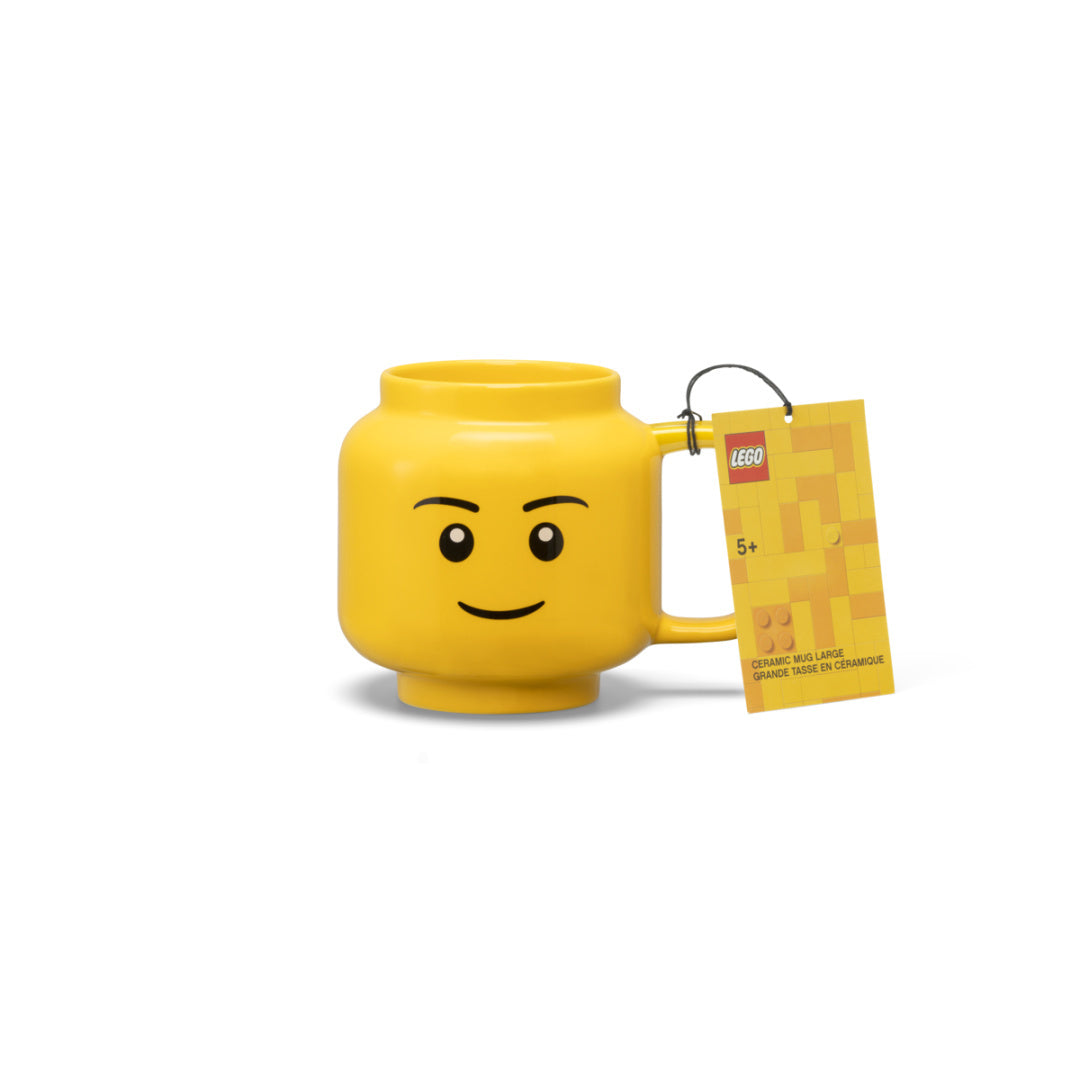 Żółty kubek LEGO duża głowa chłopiec o kształcie głowy figurki LEGO z uśmiechem