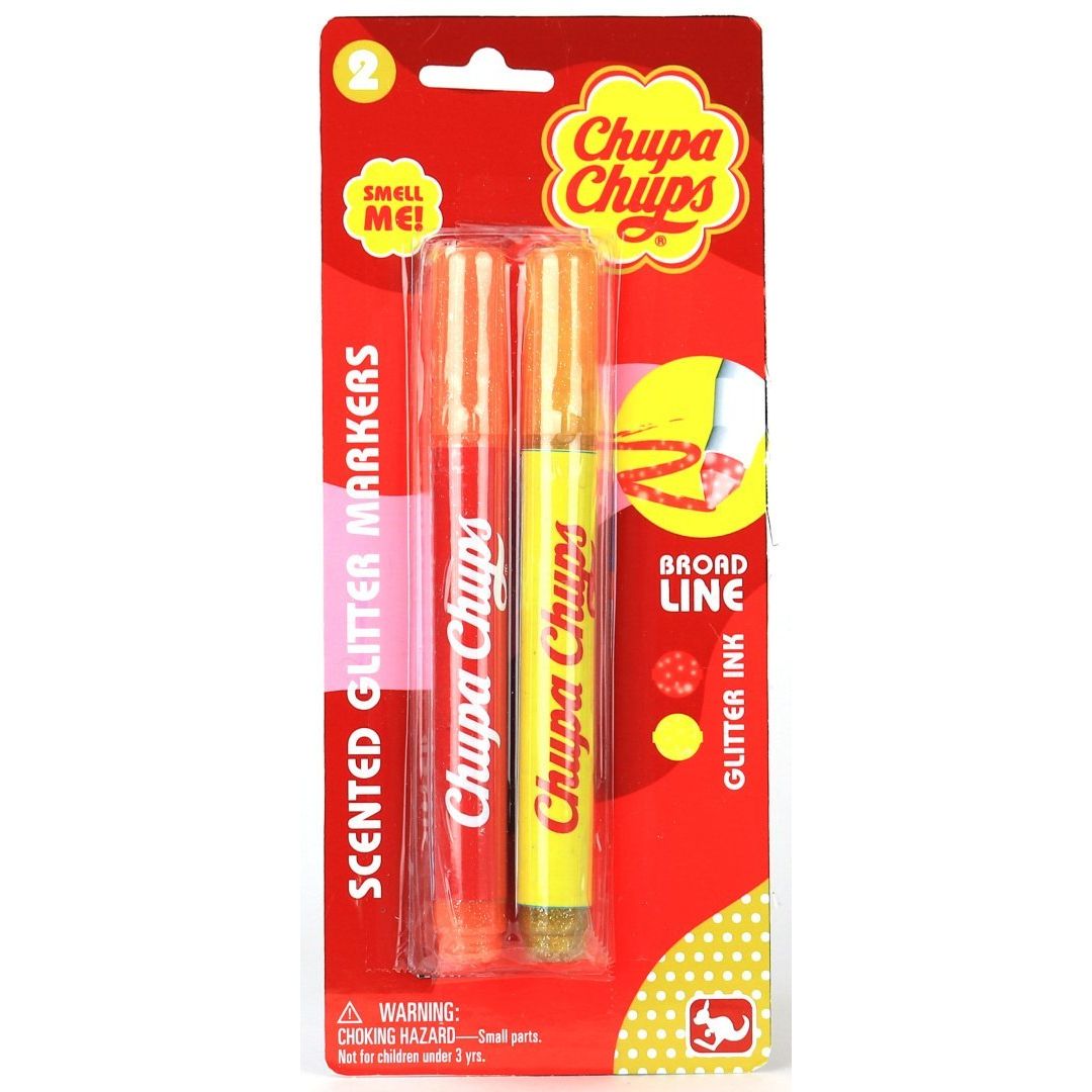 Glitzernde Duftmarker Chupa Chups in einer Verpackung mit zwei Farben, rot und gelb.