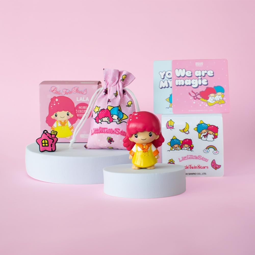 Colorful Hello Kitty kawaii figure with red hair and a yellow dress on a pink background