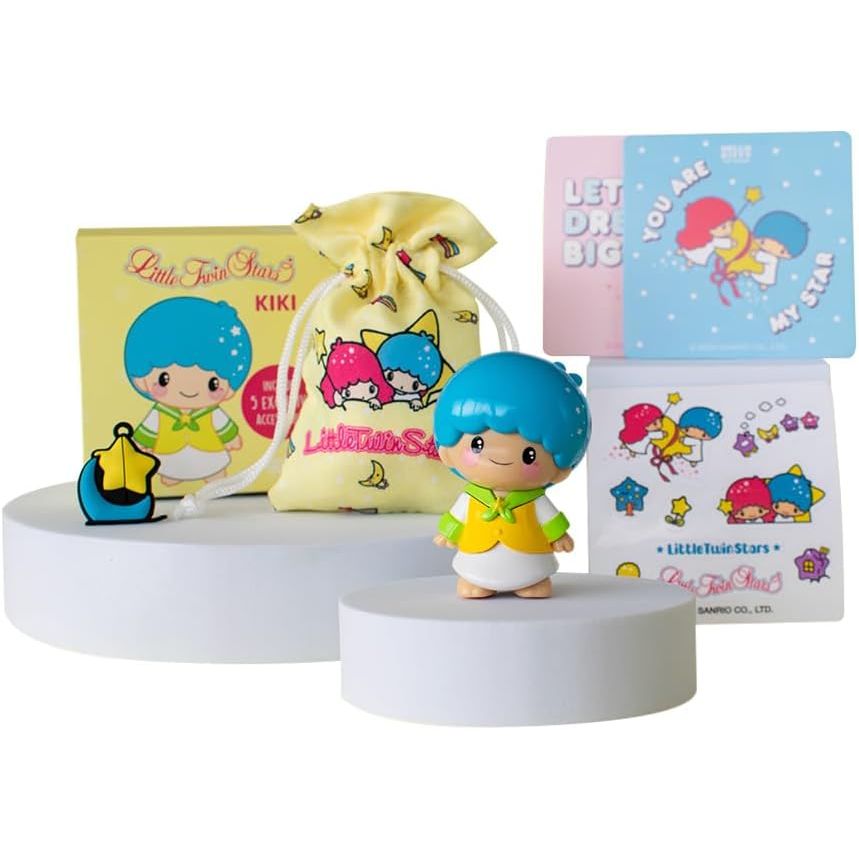 Hello Kitty Kawaii figure with blue hair and yellow outfit on a white background with accessories
