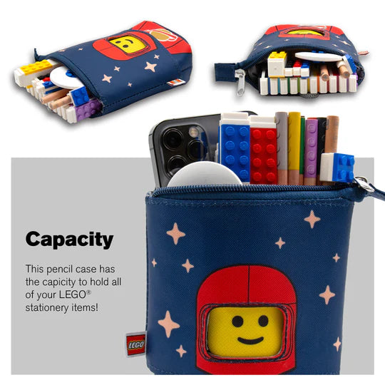 Piórnik LEGO czerwony astronauta z motywem kosmonauty, pojemny na przybory szkolne i klocki LEGO