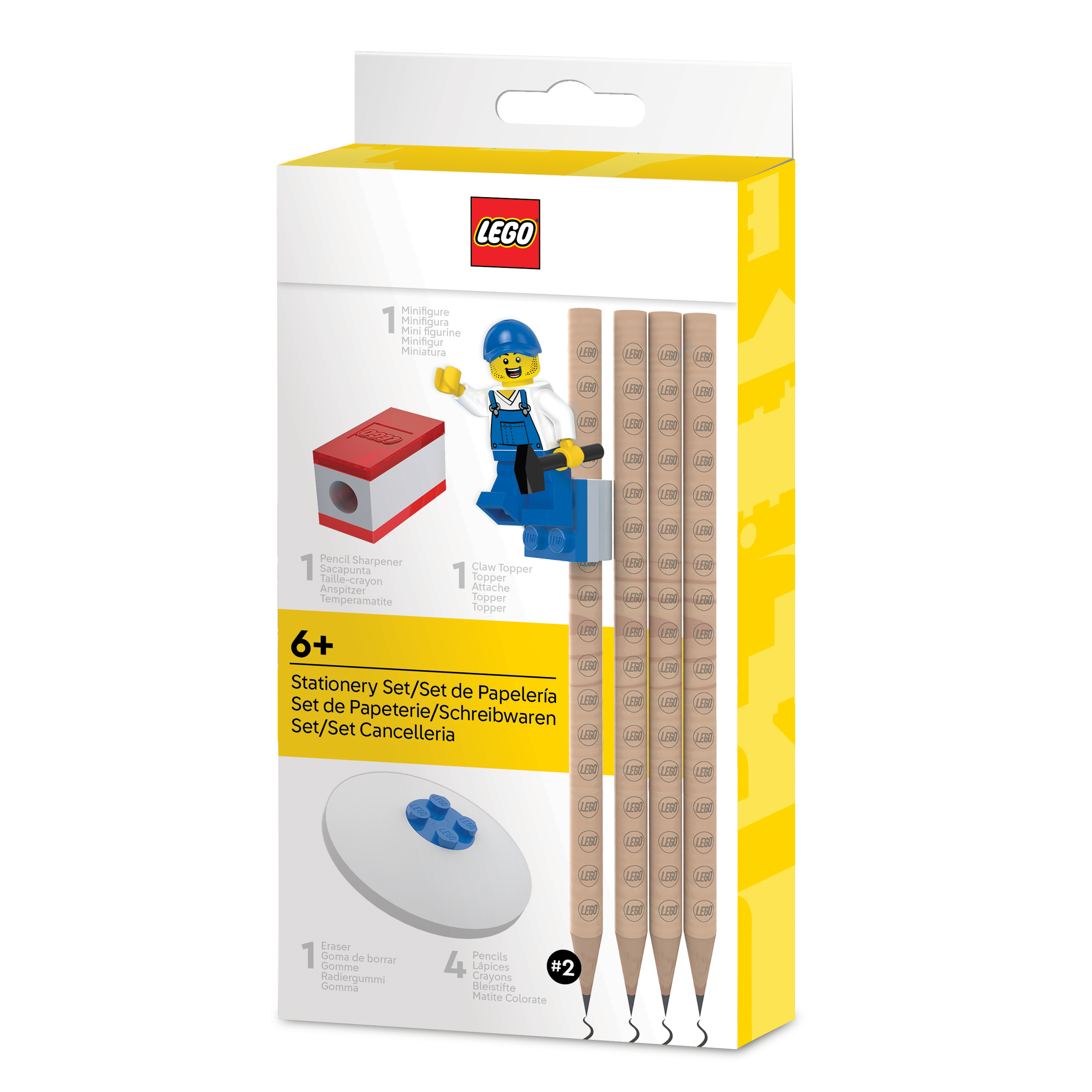 Zestaw szkolny LEGO® – minifigurka, 4 ołówki, klocek do mocowania, temperówka, gumka do ścierania
