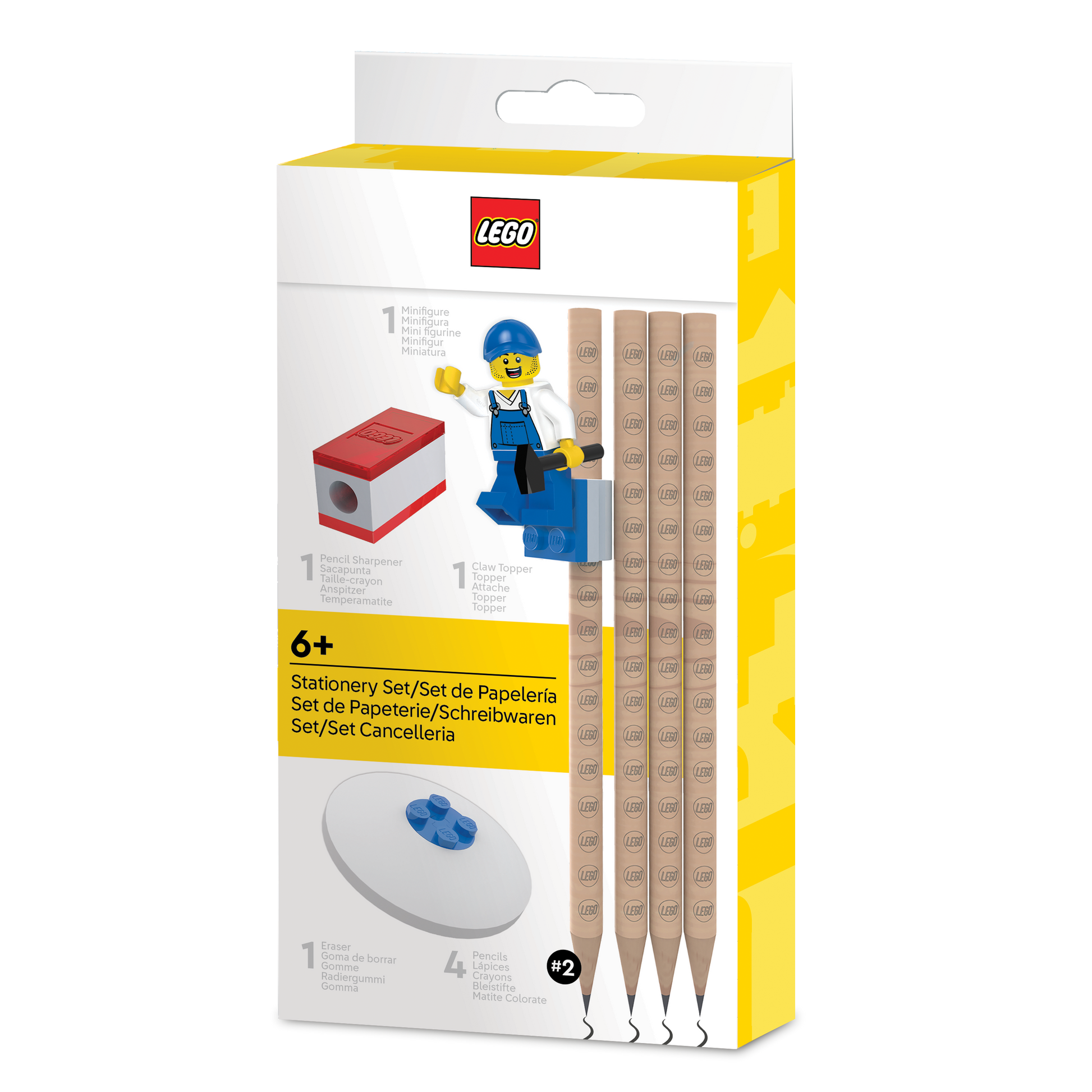 Zestaw szkolny LEGO® – minifigurka, 4 ołówki, klocek do mocowania, temperówka, gumka do ścierania