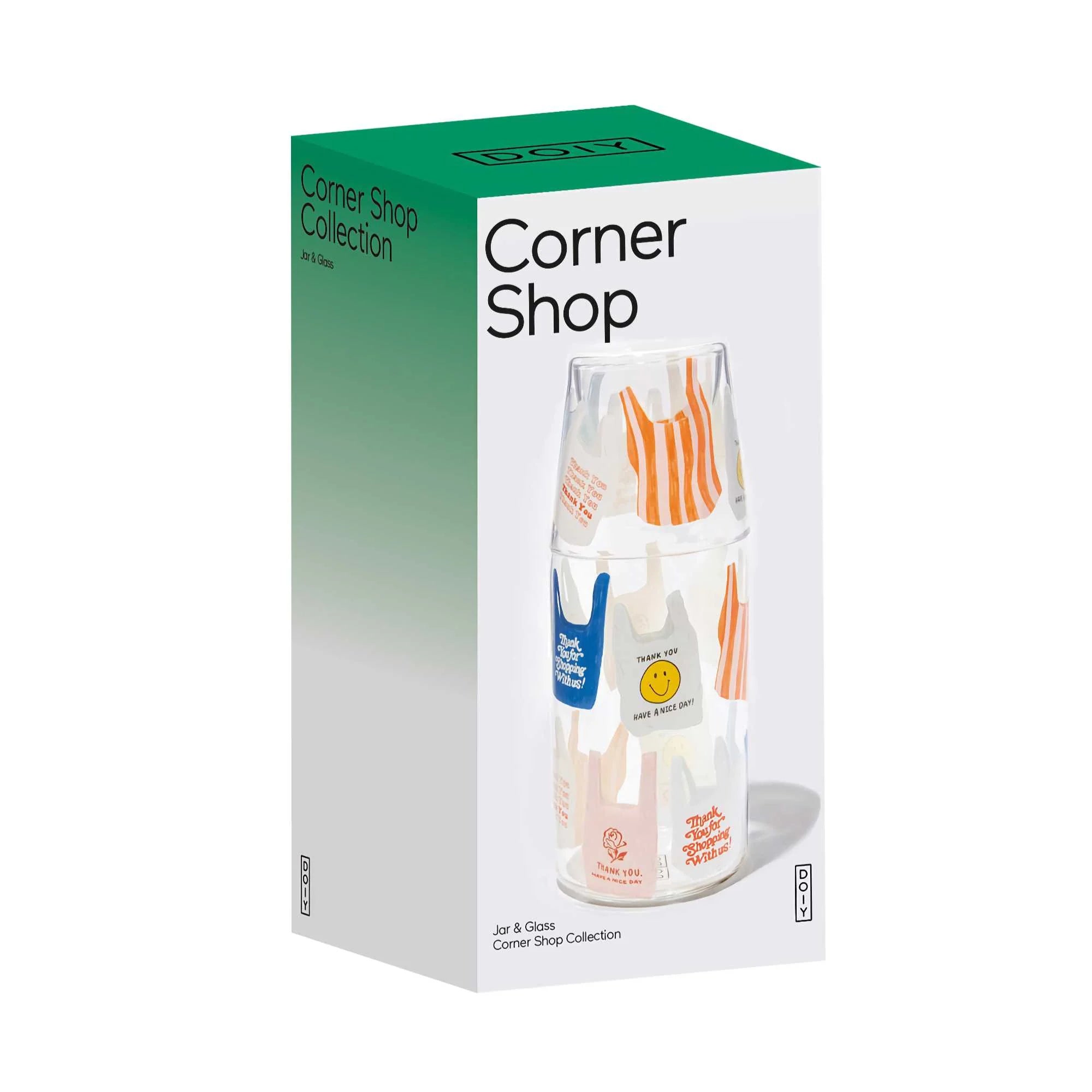 Karafka i szklanka z nadrukiem z kolekcji Corner Shop od WABOBA AB w oryginalnym opakowaniu