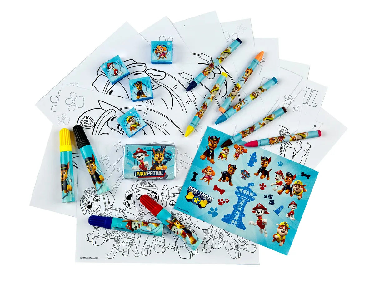 Conjunto criativo Paw Patrol com páginas para colorir, marcadores e adesivos da Yamann para as crianças brincarem
