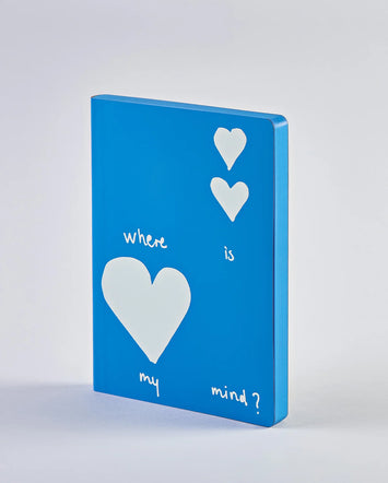 Blue Where Is My Mind notebook with white hearts and text on the cover.