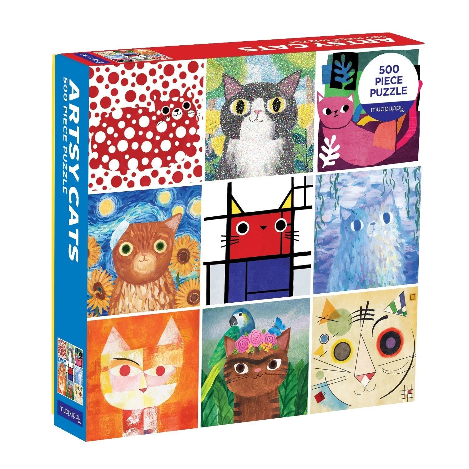 Puzzle koty 500 elementów Mudpuppy z kolorowymi ilustracjami artystycznych kotów