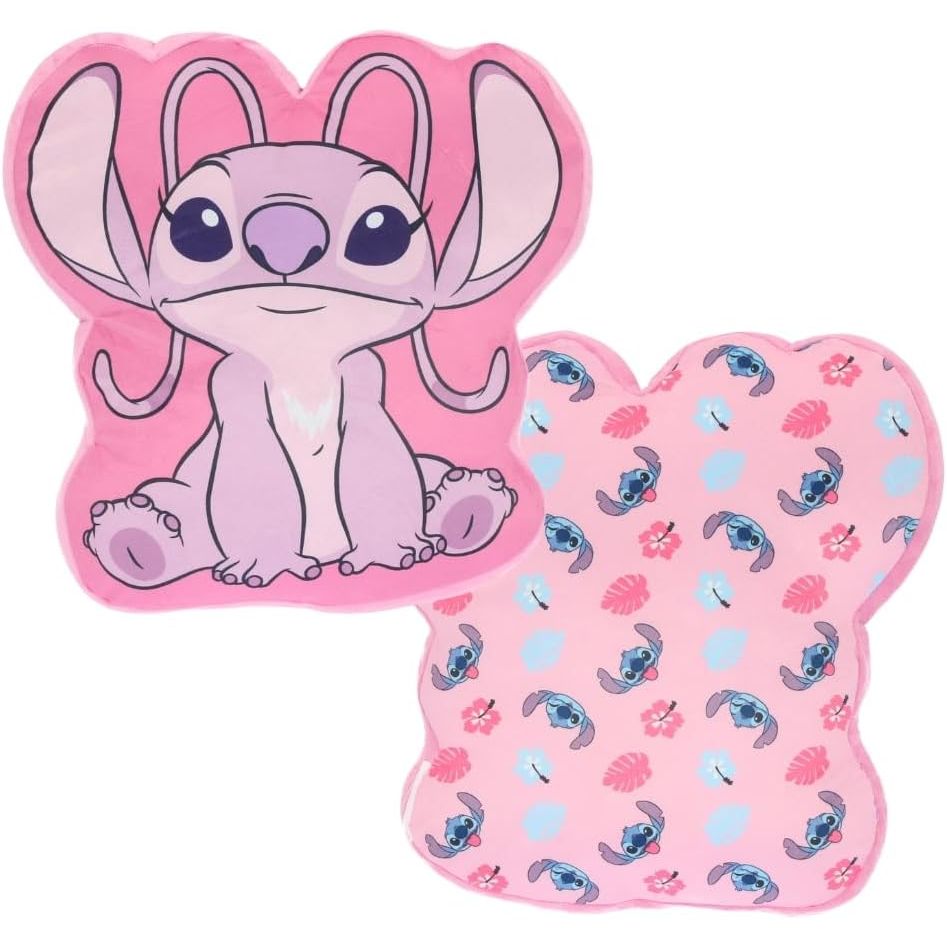 Almofada rosa Lilo e Stitch Angel com motivo de personagem e padrão de flores e corações