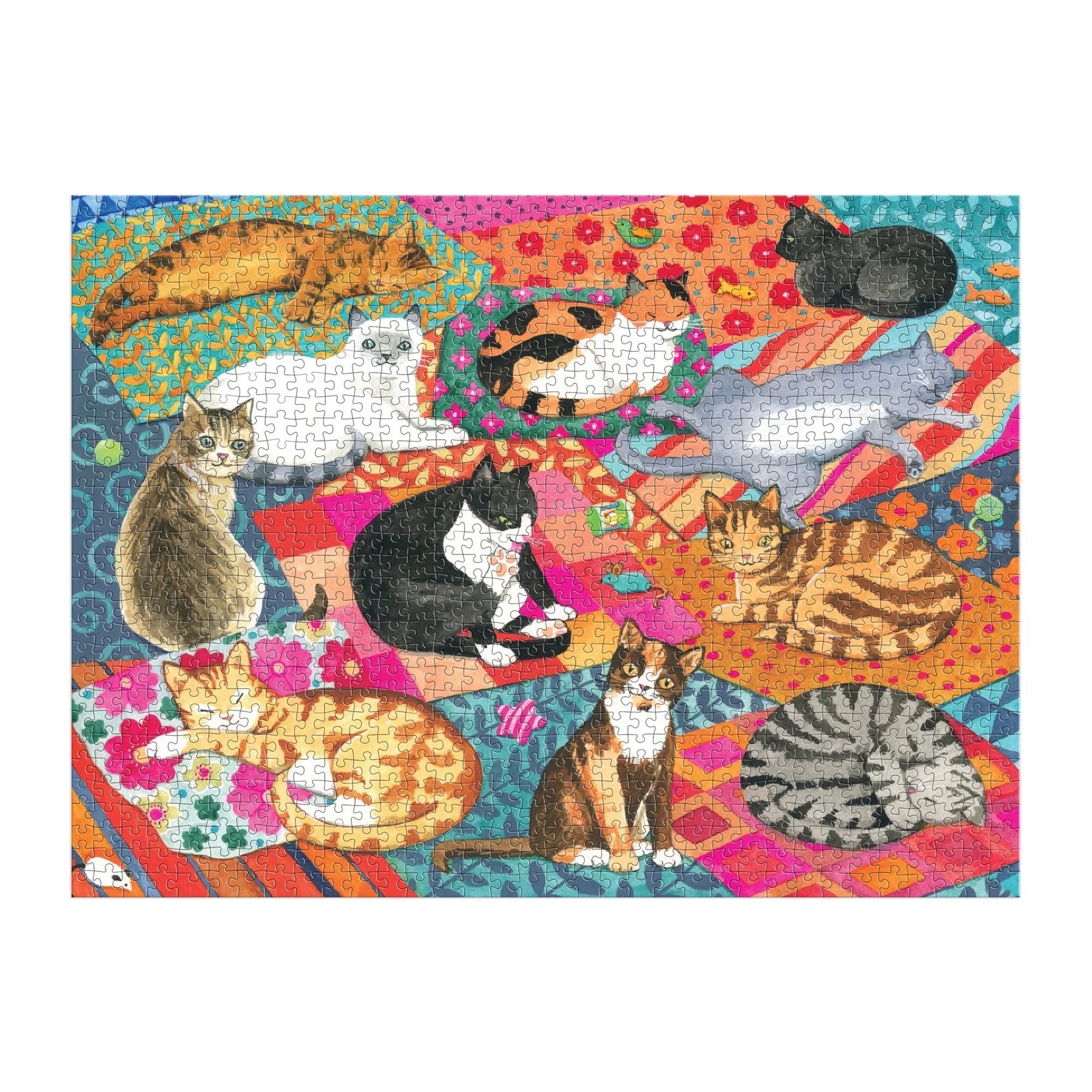 Puzzle z kotami 1000 elementów od Galison z kolorowymi kotami na wzorzystych poduszkach