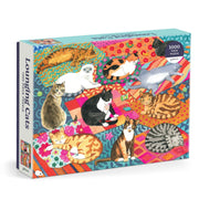 Puzzle z kotami 1000 elementów od Galison z kolorowymi ilustracjami różnych kotów na dywanie