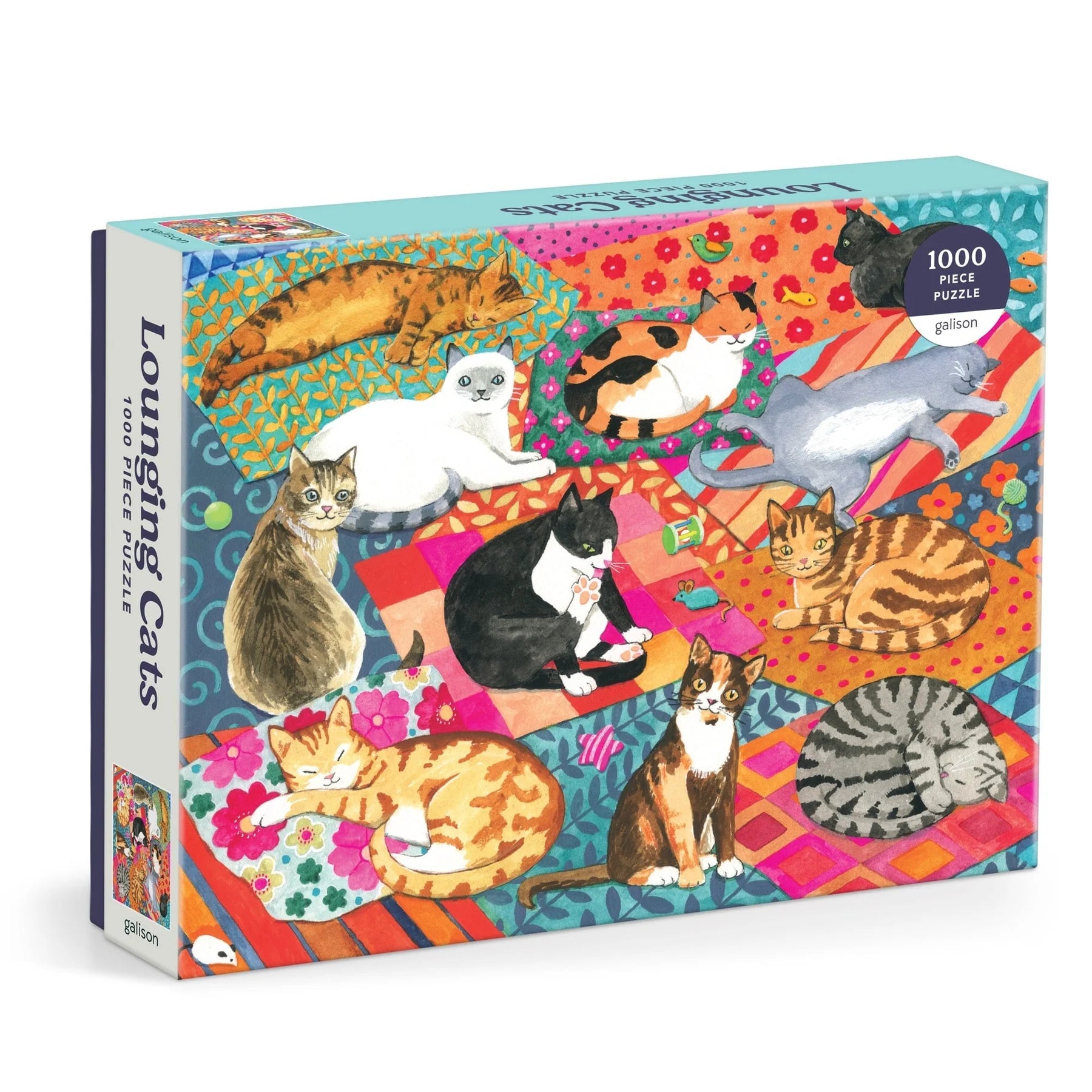 Puzzle z kotami 1000 elementów od Galison z kolorowymi ilustracjami różnych kotów na dywanie