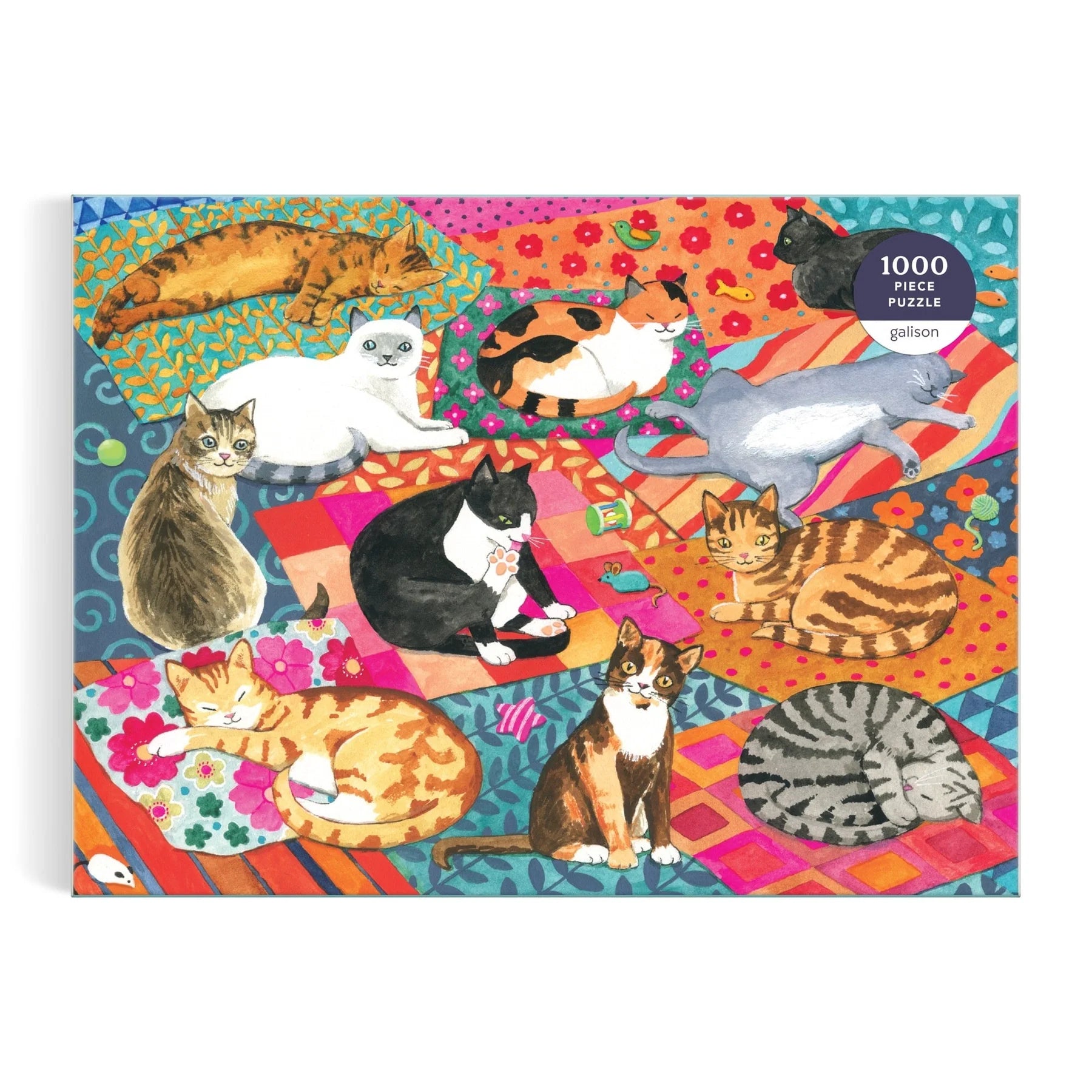 Kolorowe puzzle z kotami 1000 elementów od Galison z ilustracją różnych kotów na patchworkowym tle