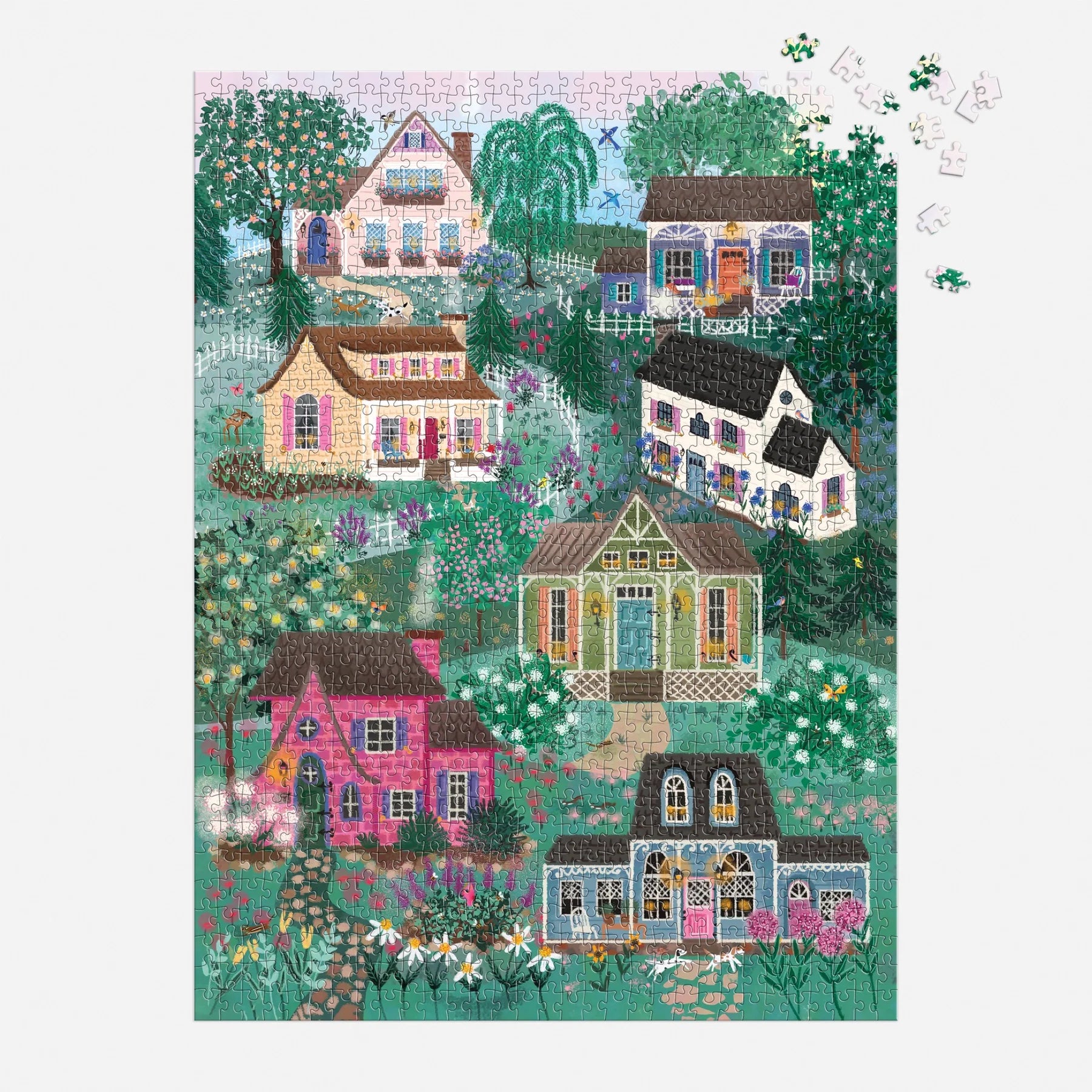 Puzzle Galison The Cottage Hill 1000 elementów z obrazem wiejskich domków i kwiatów