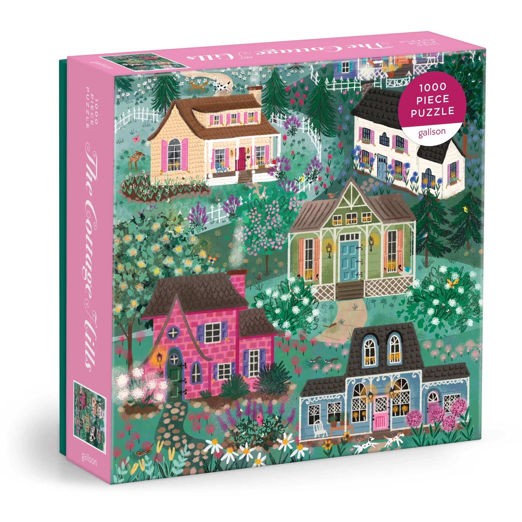 Puzzle Galison The Cottage Hill 1000 elementów z kolorowymi domkami i ogrodami w stylu wiejskim