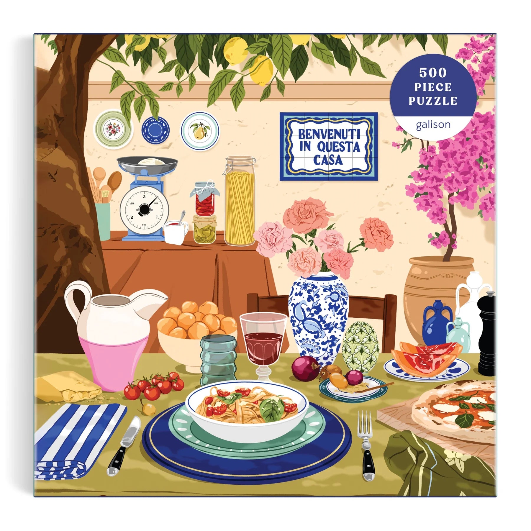puzzle 500 elementów tuscan afternoon obraz włoskiego stołu z jedzeniem i kwiatami na zewnątrz