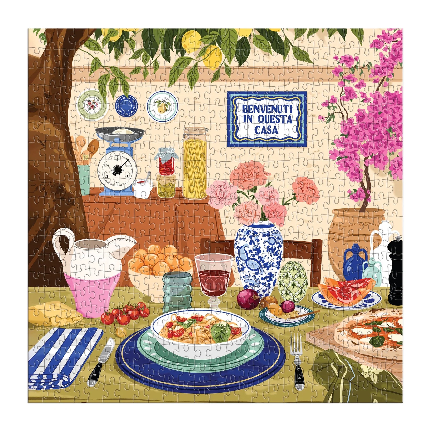 Puzzle 500 elementów tuscan afternoon przedstawiające włoski stół z jedzeniem i kwiatami