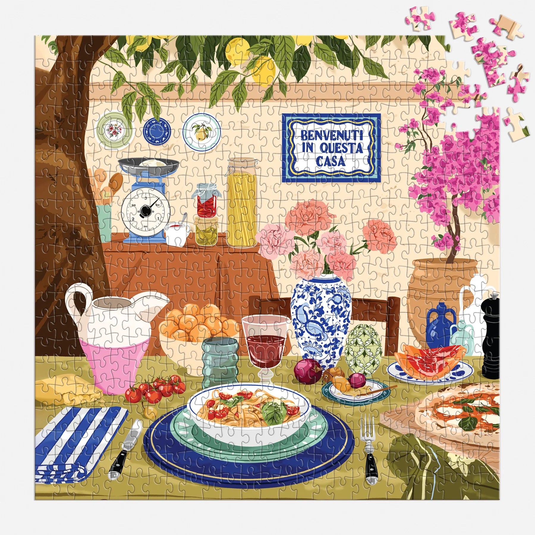 Puzzle 500 elementów tuscan afternoon przedstawiające włoską stołówkę z jedzeniem i dekoracjami