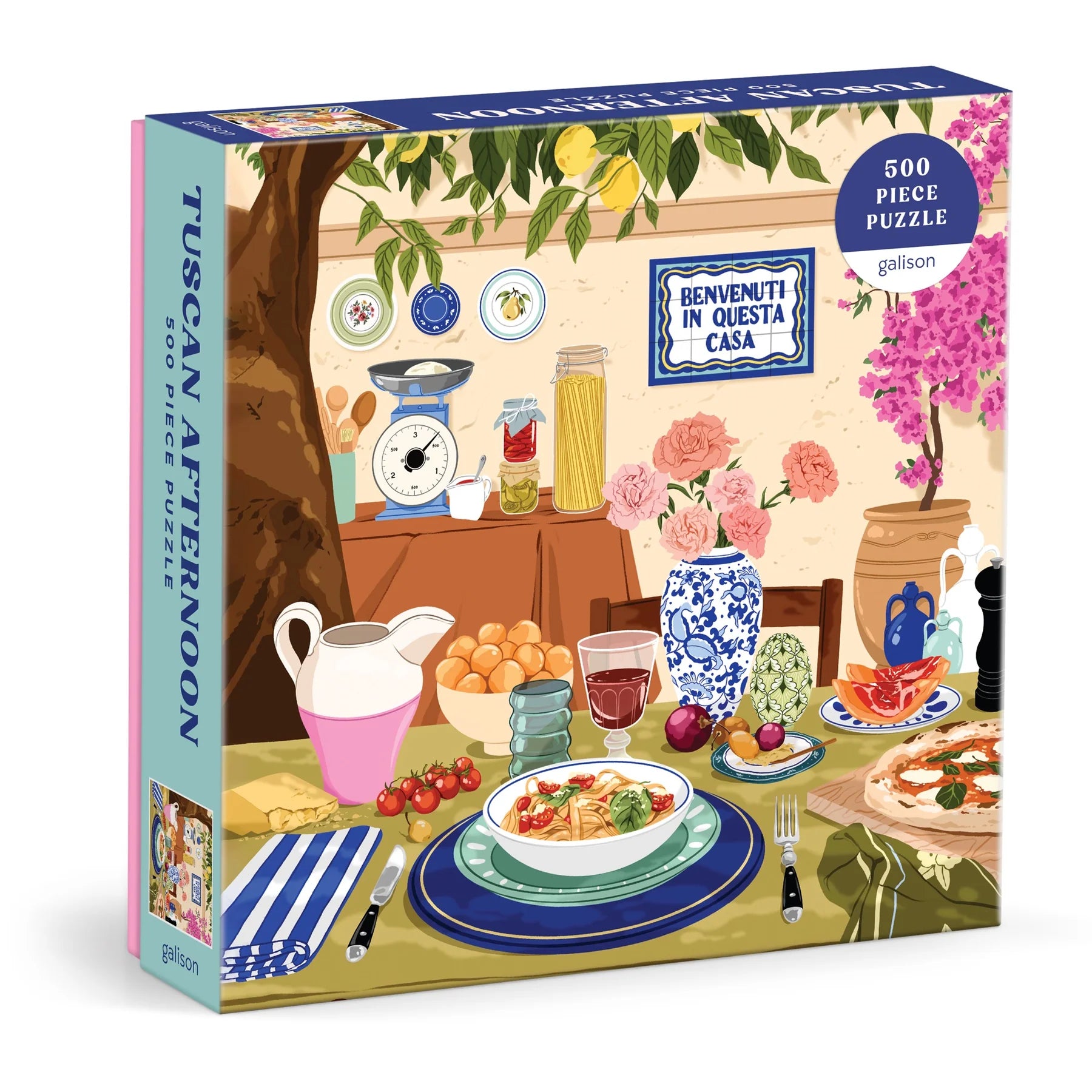 Puzzle 500 elementów Tuscan afternoon Galison z ilustracją włoskiego stołu z jedzeniem i kwiatami