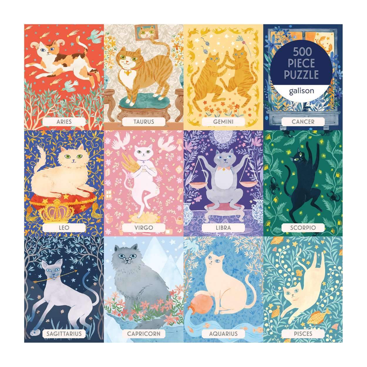 Puzzle zodiak kot 500 elementów z ilustracjami kotów reprezentujących znaki zodiaku od Galison